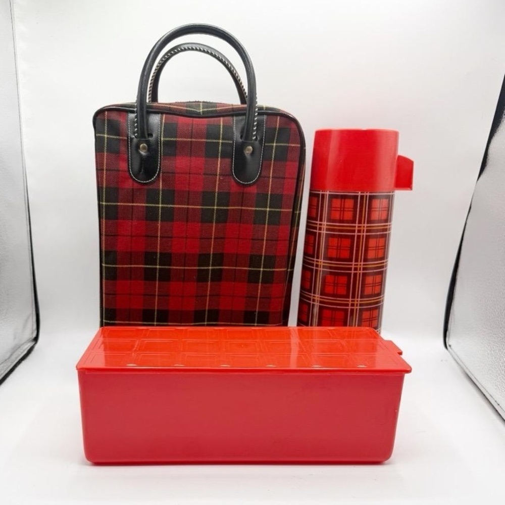 Aladdin Thermos‎ Vtg Picnic Set Red Black Plaid Insulated Bag Retro rockabilly